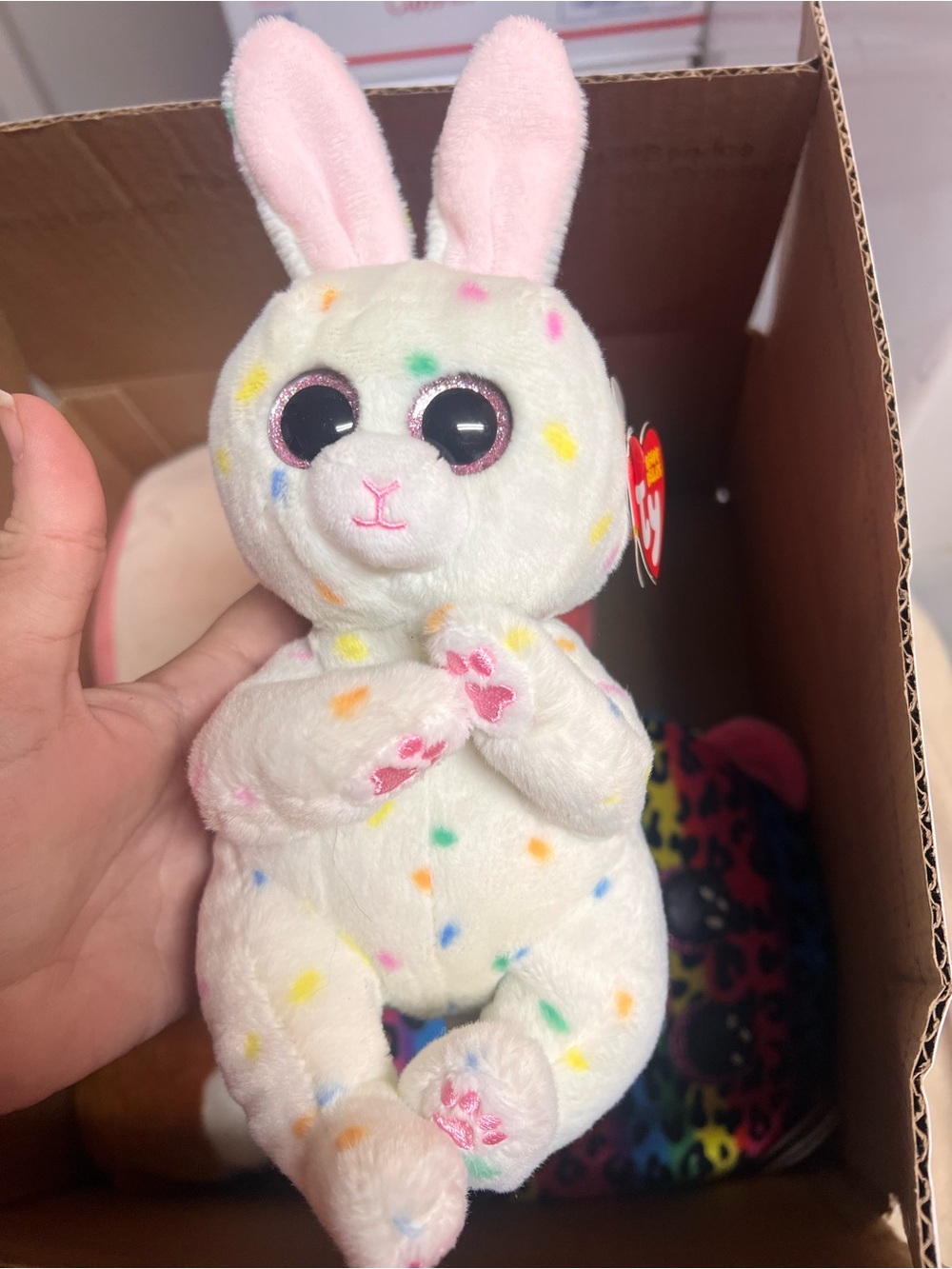 Ty Plush Bunny Beanie Boo - White with Pink Ears and Pastel Dots
